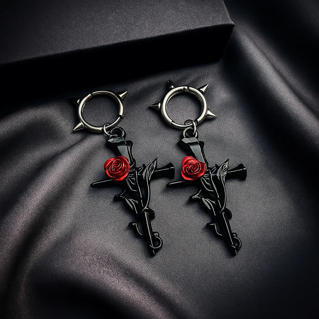 Gun-Black Cross Drop Earrings | Gothic Unisex Fashion Jewelry