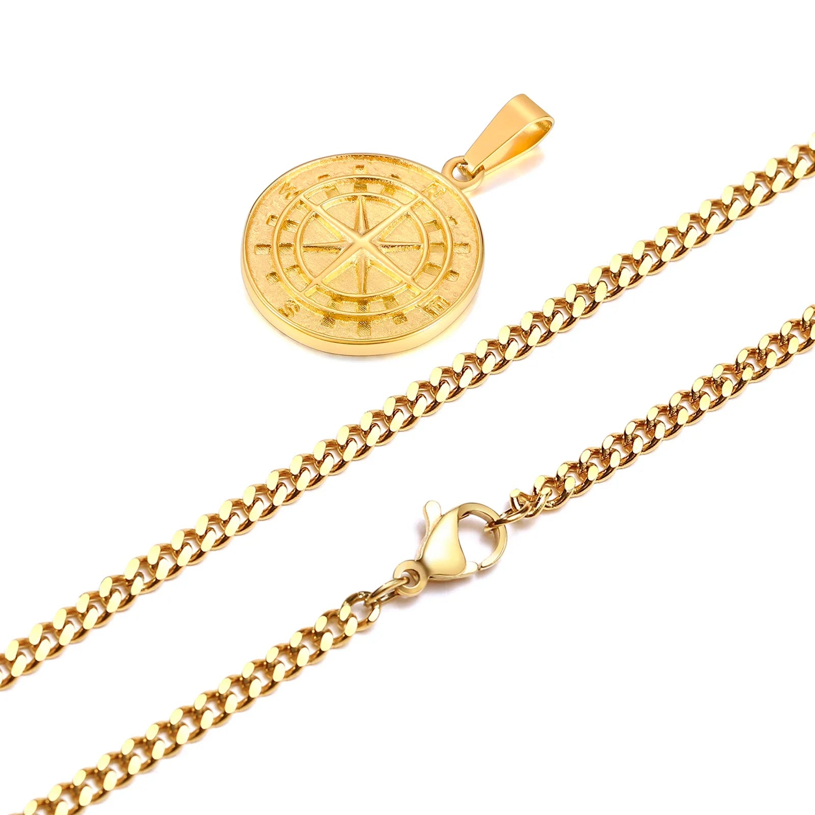 Gold Men's Compass Necklace | Vintage Viking North Star Anchor Stainless Steel Pendant