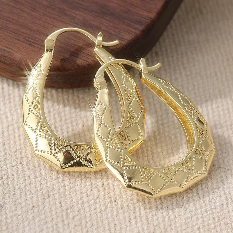 Vintage Oval Golden Hoop Earrings | Hand Carved Patterned Drop Earrings