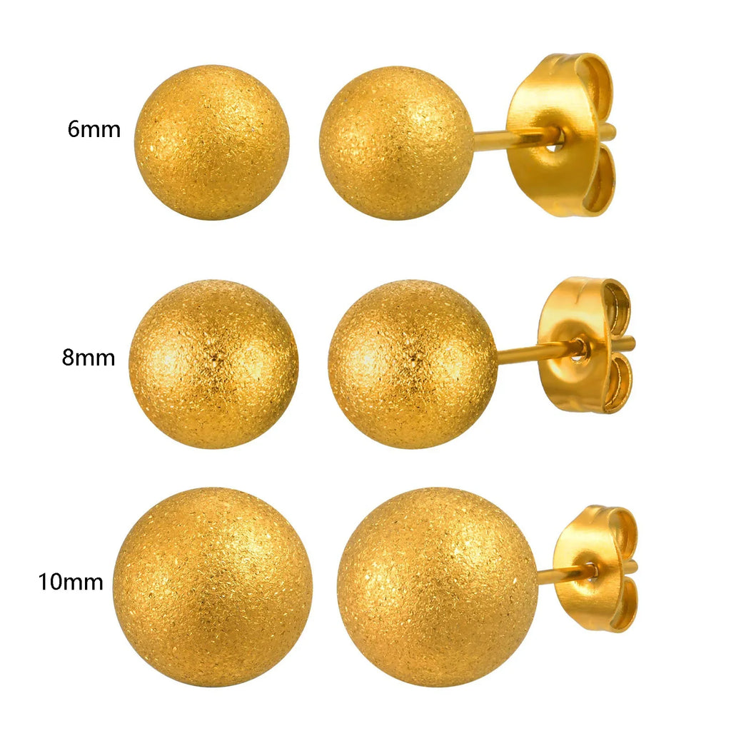 Gold Plated Stainless Steel Stud Earrings Set | 10mm 8mm 6mm Round Ball Earrings for Women