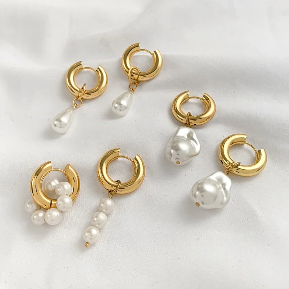 Trendy Asymmetry Pearl Drop Earrings | Stainless Steel Huggie Hoops for Women