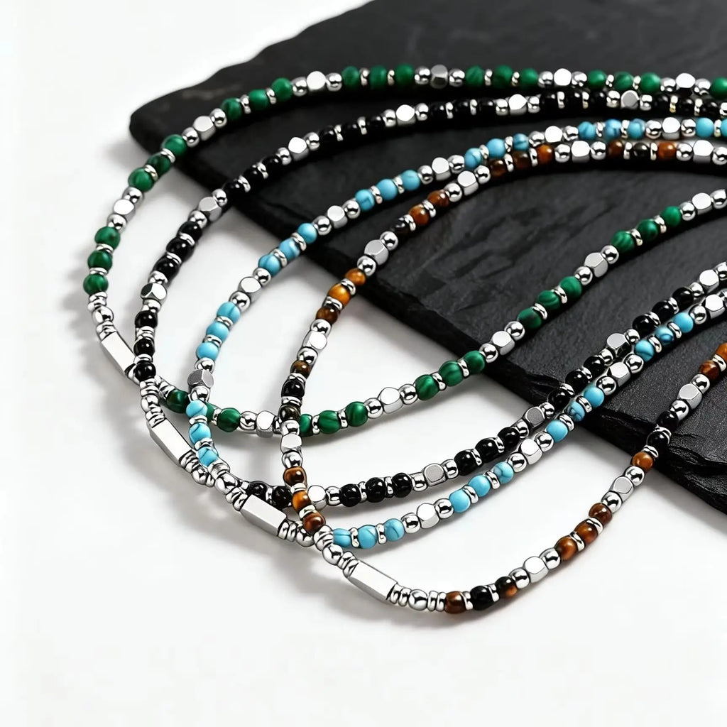 Trendy Men's Natural Stone Beaded Necklace | Classic Stainless Steel Metal Bead Choker