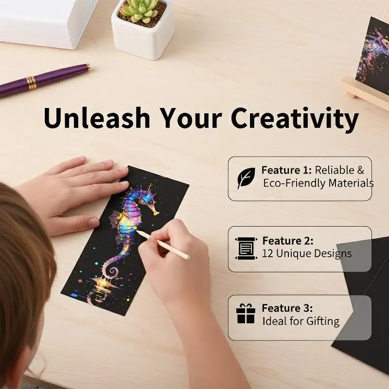 Kids Scratch Art Set with Bookmark Paper | 12 Pcs Animal Drawing Kit