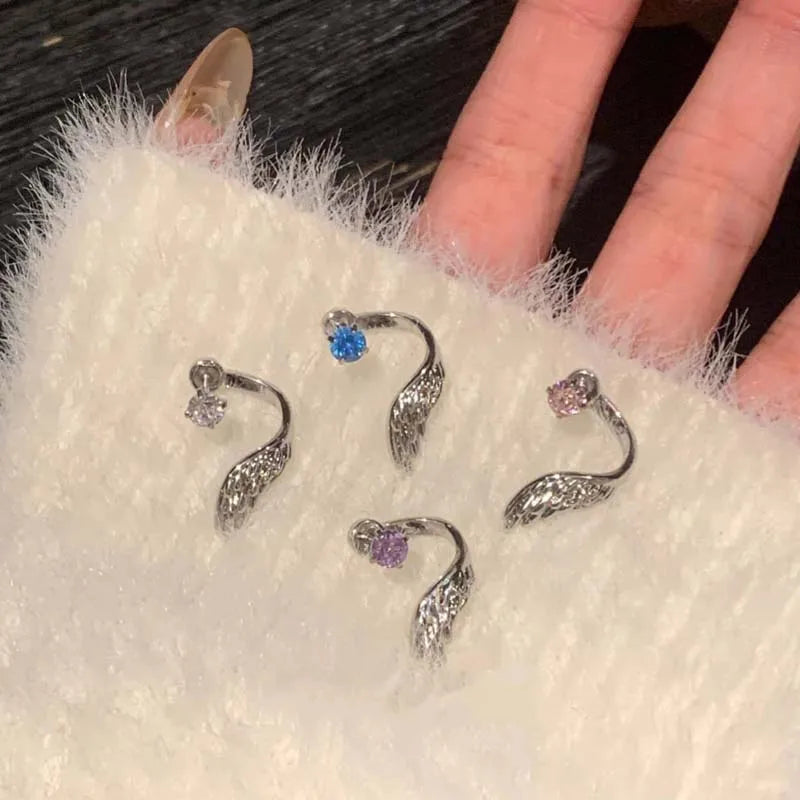 Silver Wing Stud Earrings | Crystal Rhinestone Pierced Earrings for Women