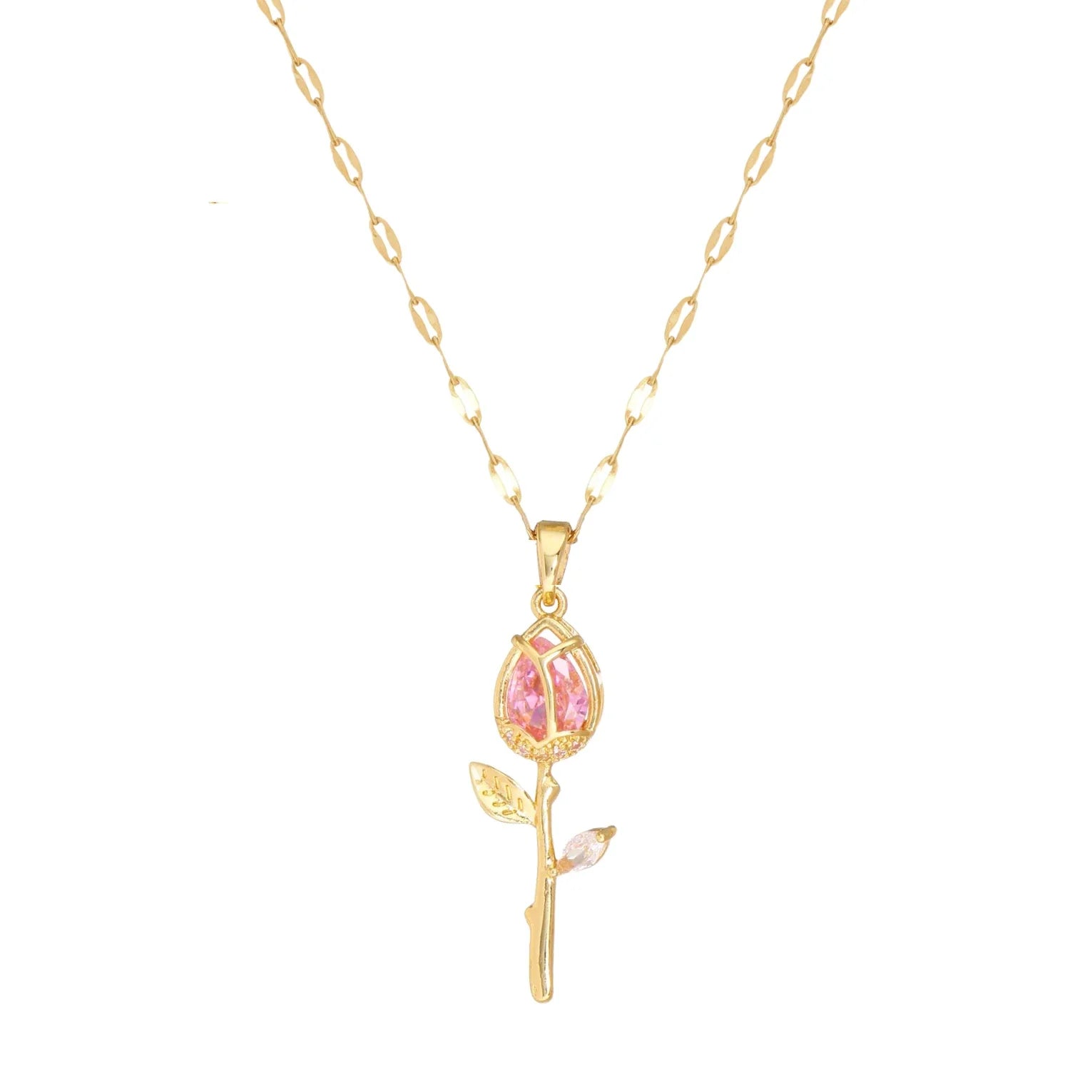 Elegant Pink Rose Flower Pendant Necklace | Light Luxury Zircon Jewelry Gift
