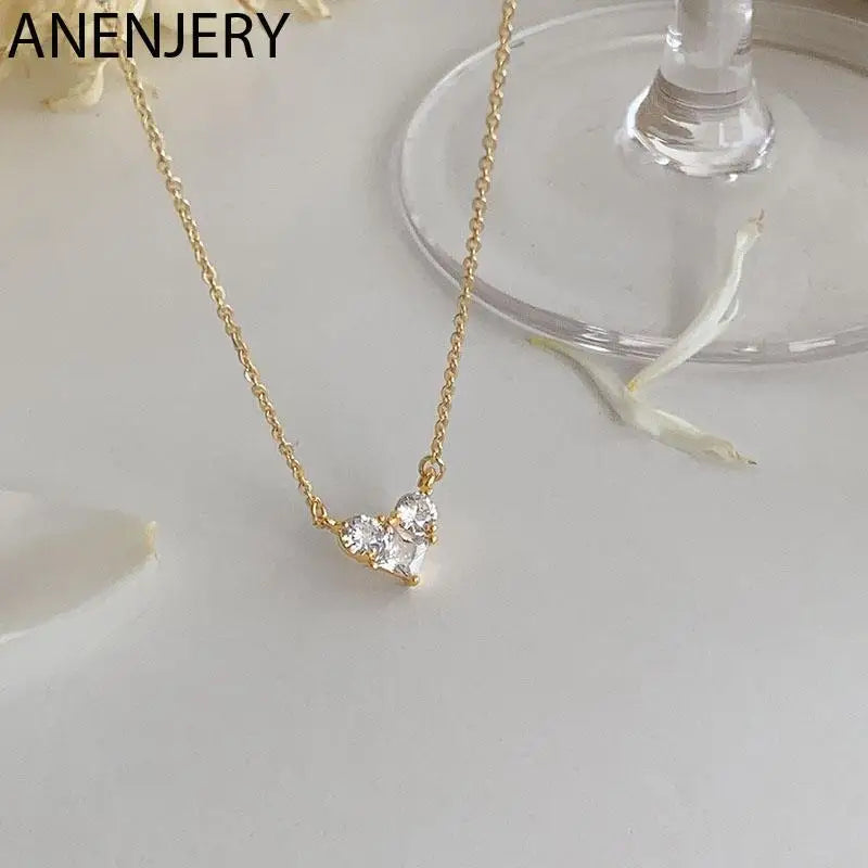 Silver Color Zircon Heart Necklace | Women's Shiny Clavicle Chain Jewelry