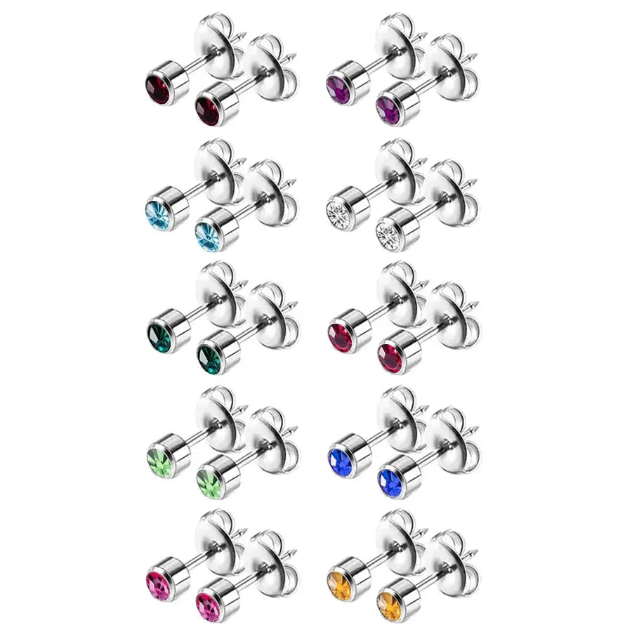 10pairs Colorful Rhinestone Stud Earrings Set | Stainless Steel Body Jewelry