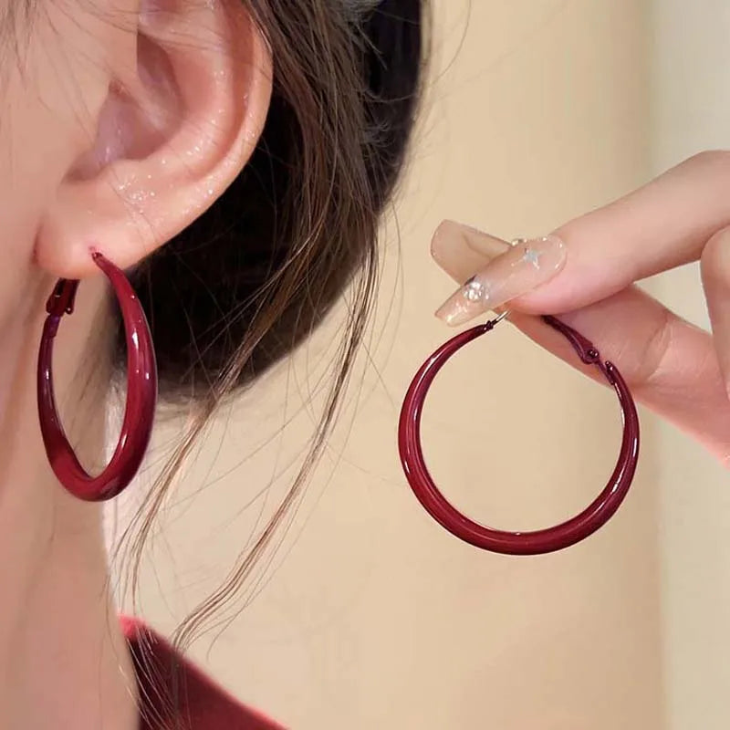 Red Big Round Hoop Earrings for Women | Trendy Geometric Huggie Jewelry