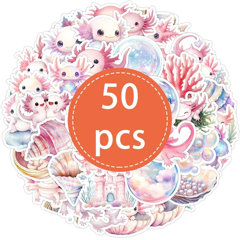 50 Cute Pink Axolotl Stickers | Waterproof Vinyl Animal Decals for Laptop, Water Bottle, and Phone