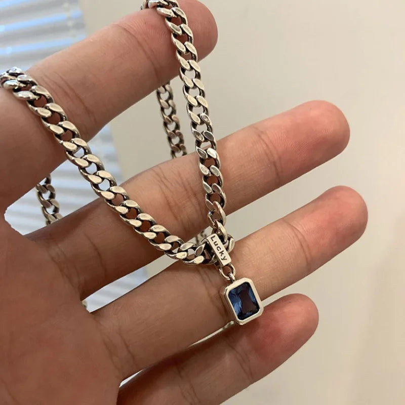 925 Sterling Silver Vintage Cuba Neck Chain Square Zircon Pendant | Women's Fine Jewelry