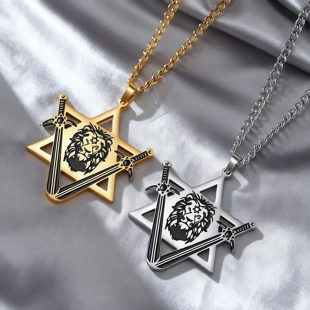 Dawapara Victory Swords Lion of Judah and Star of David Necklace | Judaica Protection Amulet Stainless Steel Jewelry