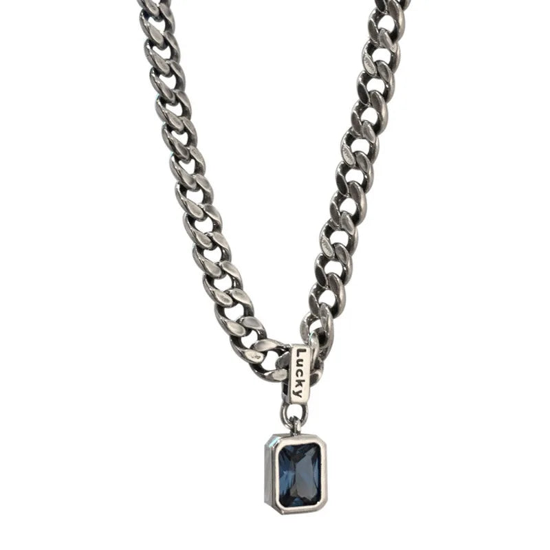 925 Sterling Silver Vintage Cuba Neck Chain Square Zircon Pendant | Women's Fine Jewelry