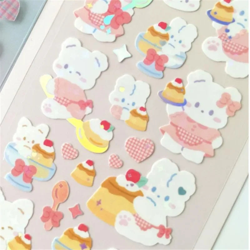 1pc Korean Cute Sticker Kawaii Bling Bunny Rainbow Four-leaf Pudding Sticker Waterproof Hot Silver Sticker for Student DIY Photo