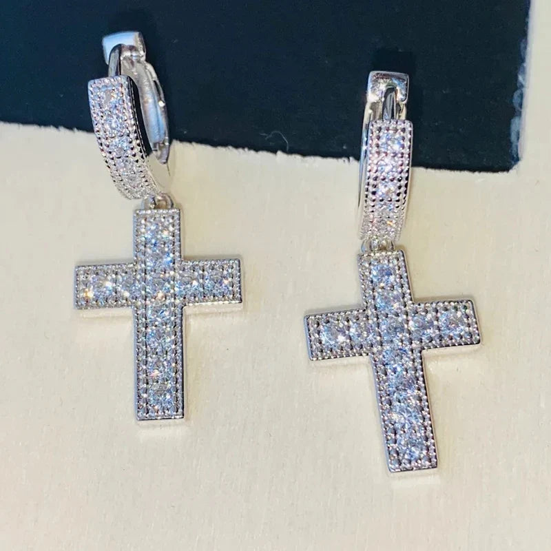 Huitan Cross Pendant Drop Earrings | Unisex Hip Hop Jewelry with Bright Zirconia