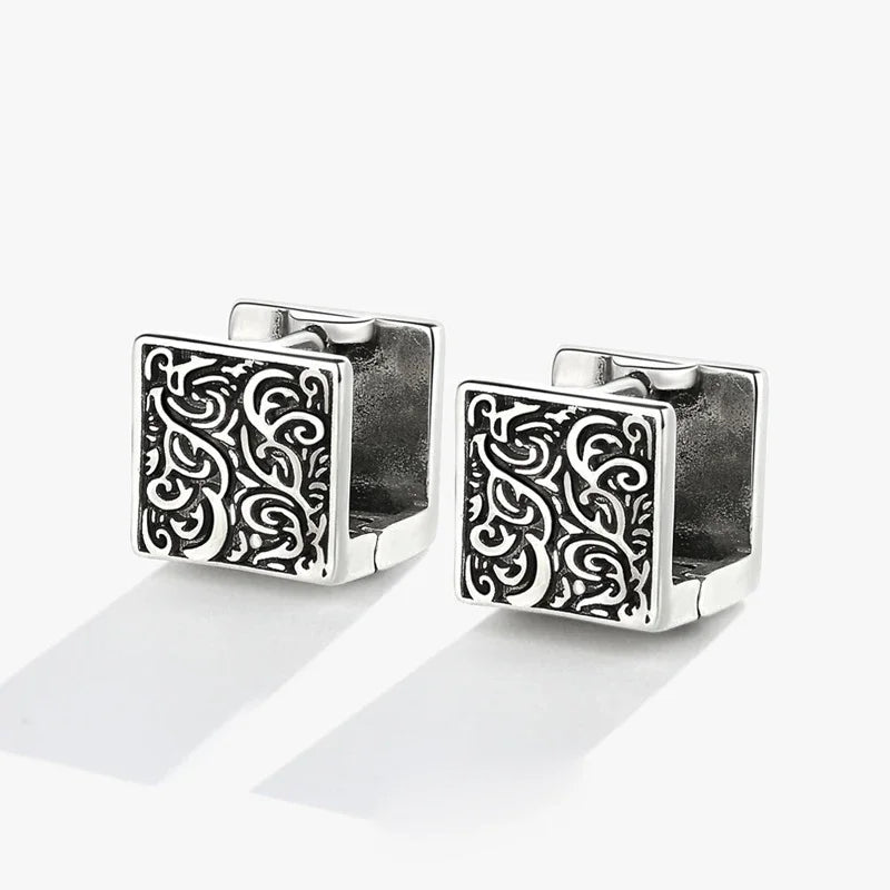Vintage Ethnic Square Hoop Huggie Earrings | Unisex Geometric Silver-Tone Earrings