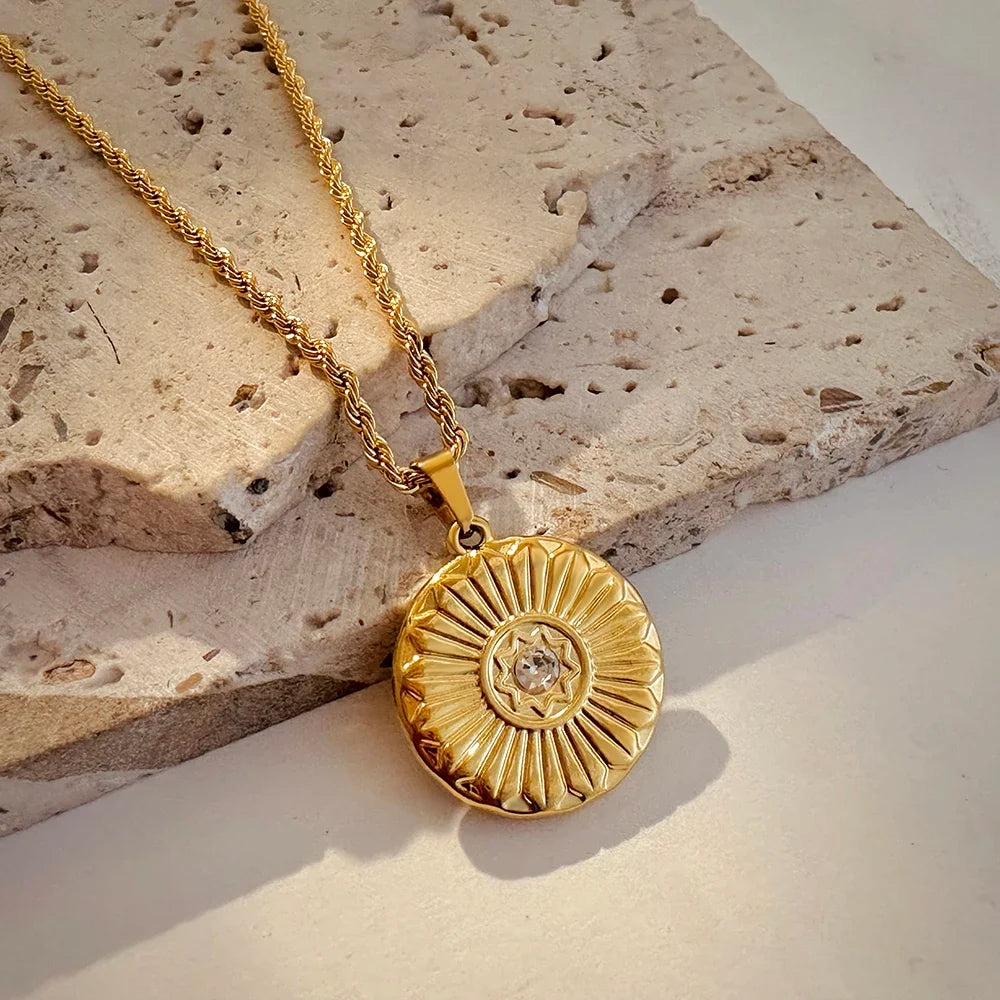Vintage Gold Pendant Necklace | Hammered Moon Star Stainless Steel Jewelry