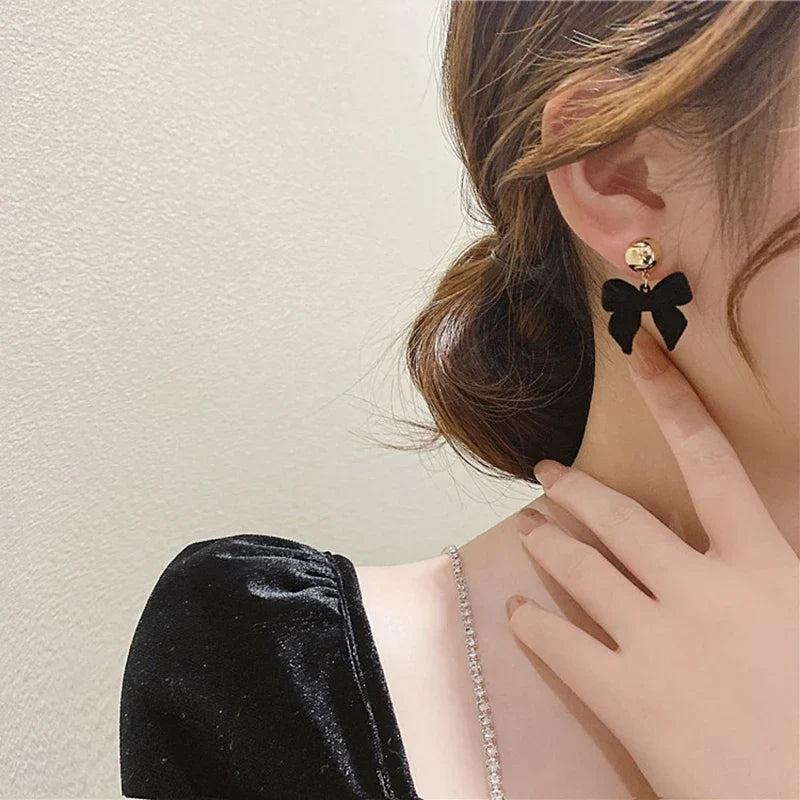 Vintage Black Flocking Bowknot Earrings | Geometric Drop Earrings for Women