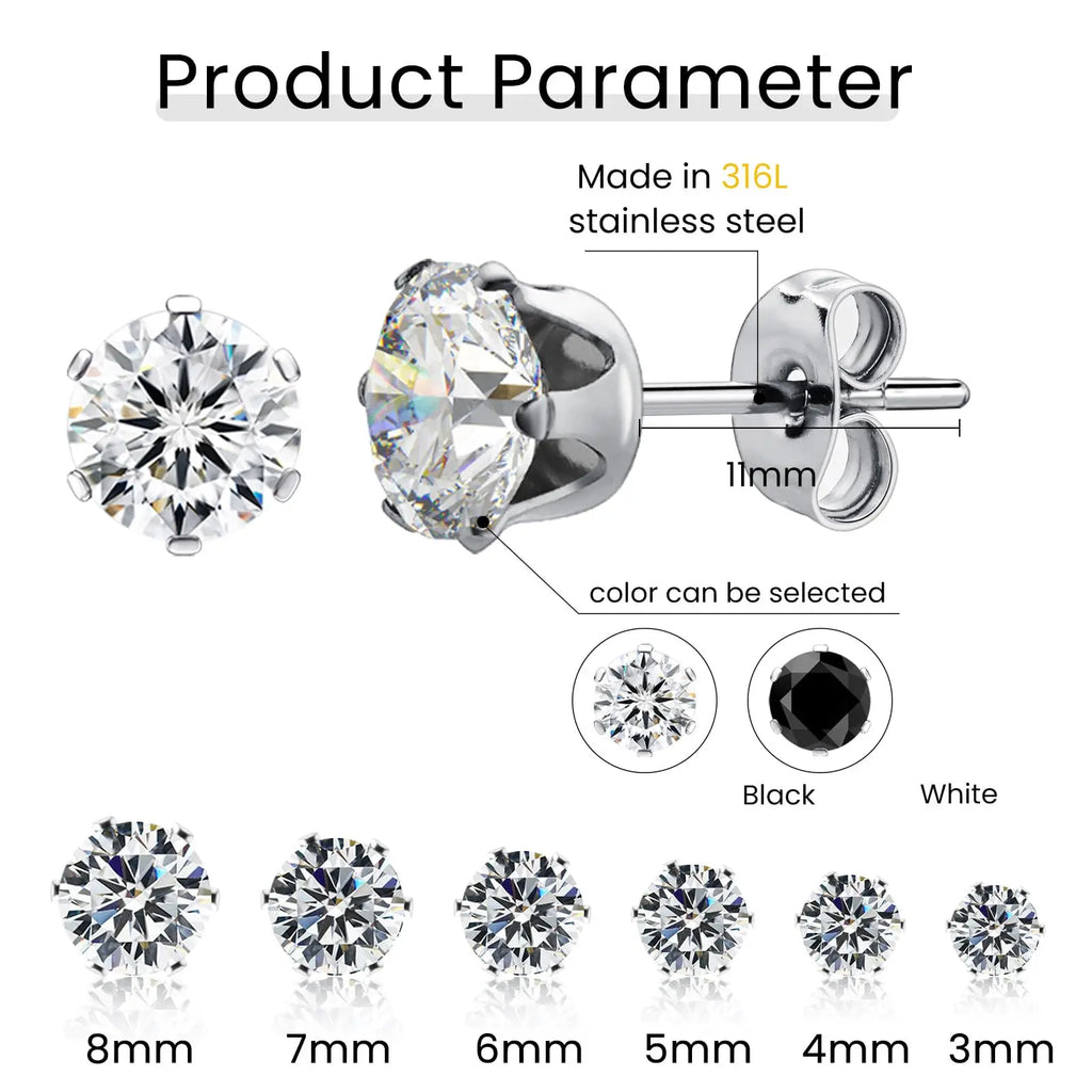 Stainless Steel Cubic Zirconia Stud Earrings Set | 12 Color Hypoallergenic Earrings for Sensitive Skin