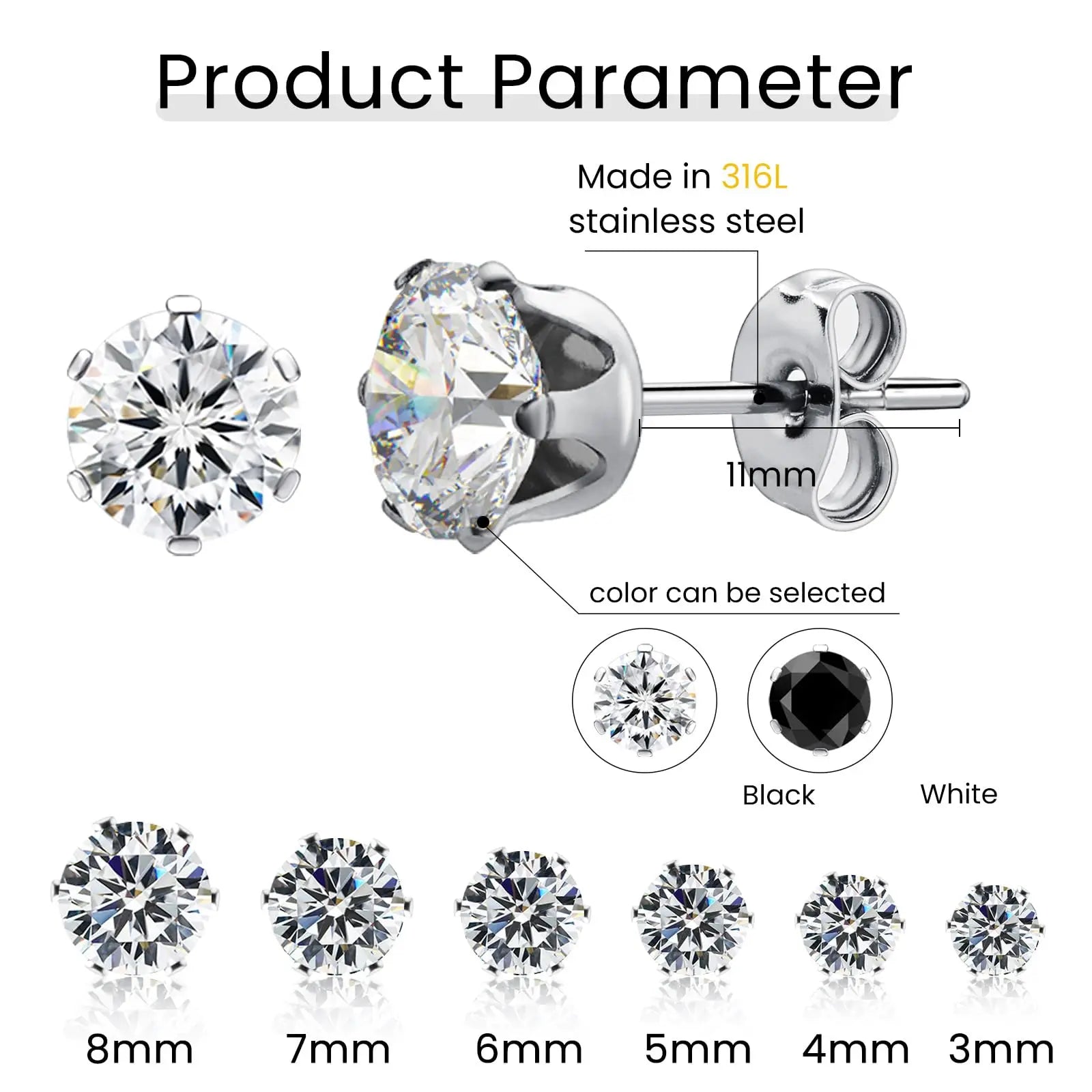 Stainless Steel Cubic Zirconia Stud Earrings Set | 12 Color Hypoallergenic Earrings for Sensitive Skin