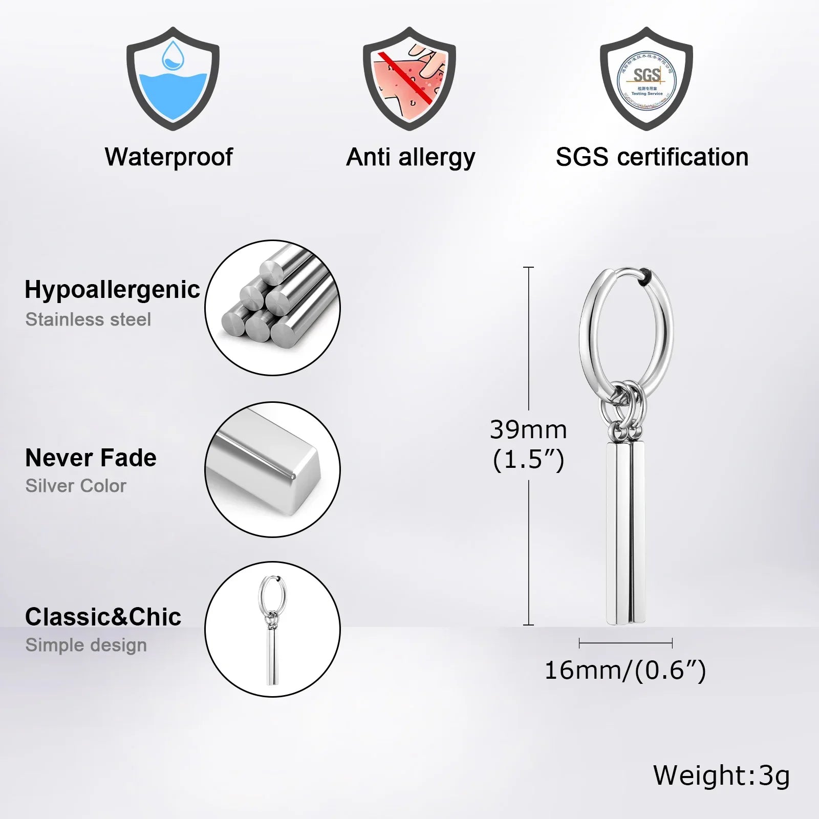 Vnox Punk Rock Geometric Bar Dangle Earrings | Stainless Steel Hoops for Men