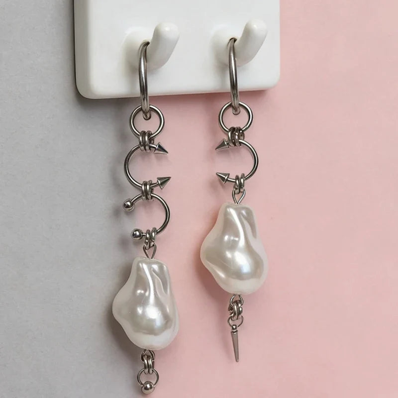 Korean Fashion Irregular Pearl Rivet Earrings | Punk Charm Aesthetic Geometric Earrings