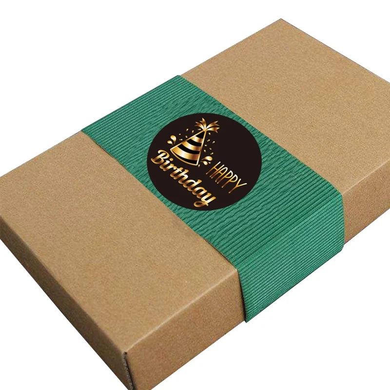 100-500pcs Black Gold Happy Birthday Stickers | Round Party Stickers for Gift Bags and Cards