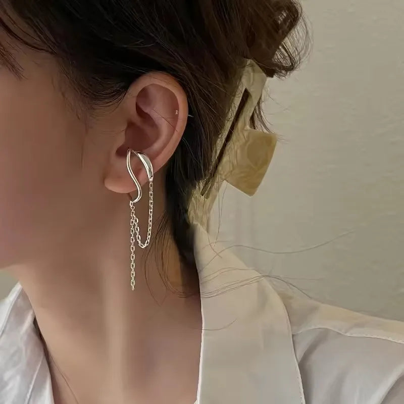 925 Sterling Silver Ear Cuff Without Piercing | Chain Tassel Earring for Women