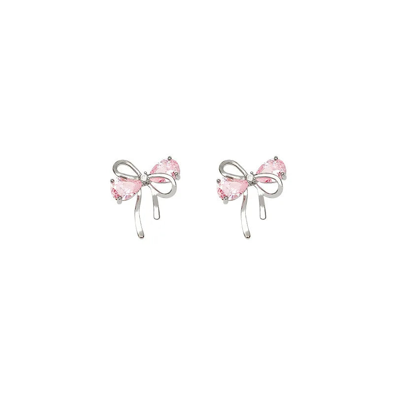 925 Sterling Silver Bow Pink Zircon Stud Earrings | Women's Wedding Fine Jewelry