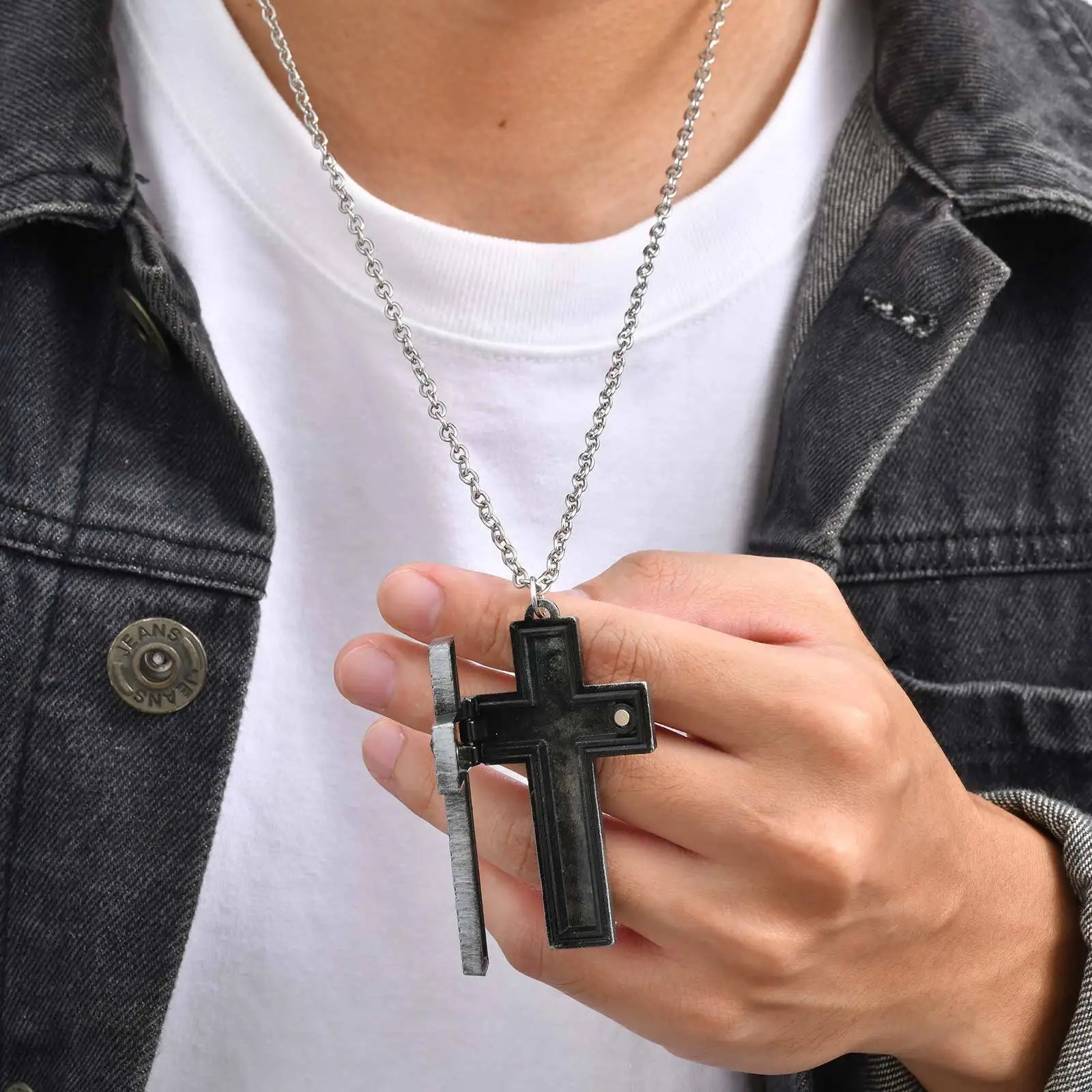 Punk Cross Pendant Necklace for Men | 3D Vintage Openable Metal Pendant