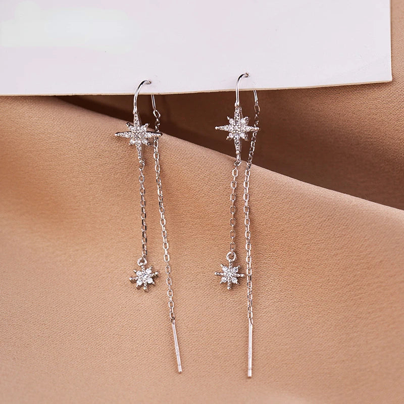 Silver Star Zircon Drop Earrings | Elegant Tassel Earrings for Women