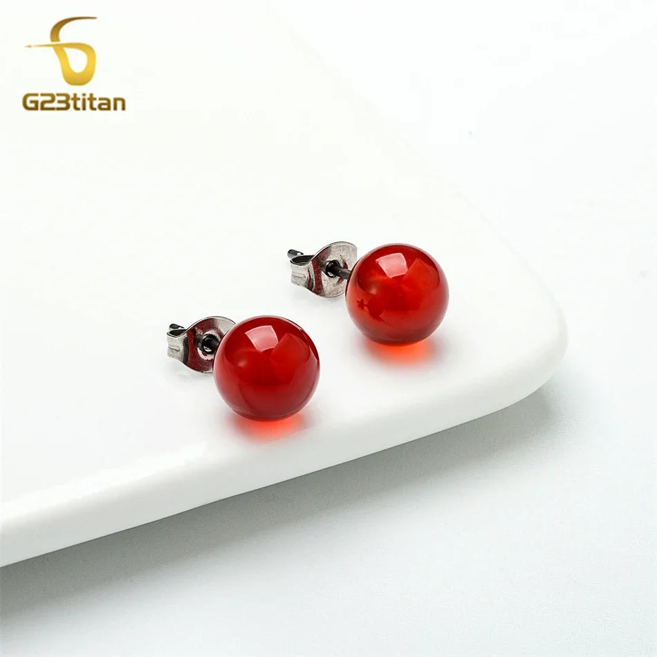 Red Carnelian Titanium Stud Earrings | Hypoallergenic Piercing Jewelry Gift