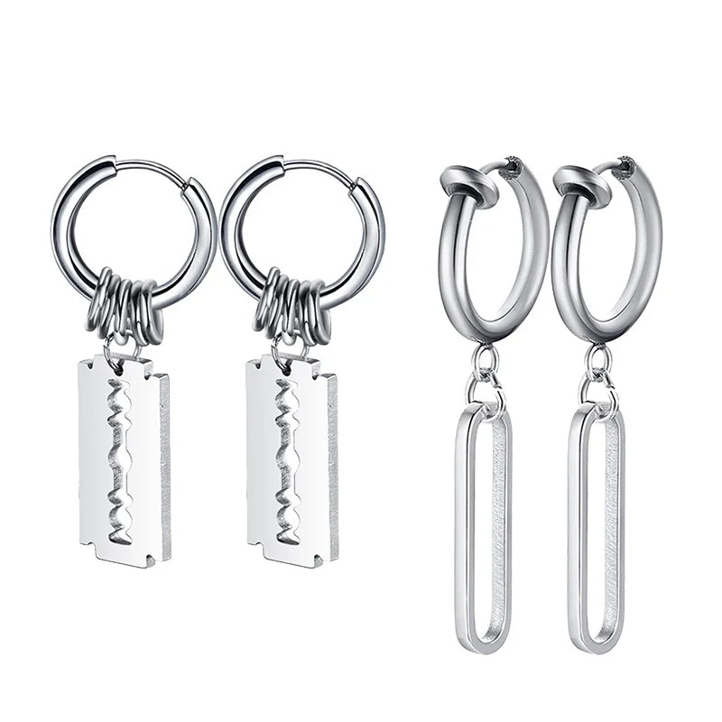 Vintage Razor Hollow Drop Earrings | Stainless Steel Punk Dangle Earrings for Men and Women