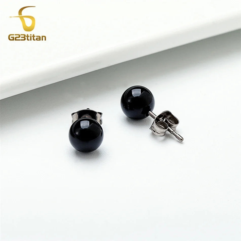 Black Agate Titanium Stud Earrings | Hypoallergenic Round Onyx Ear Lobe Jewelry for Women and Men