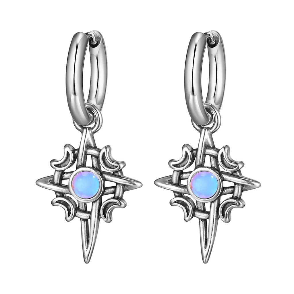 Stainless Steel Star and Moon Stone Earrings | Unisex Hoop Earrings Gift