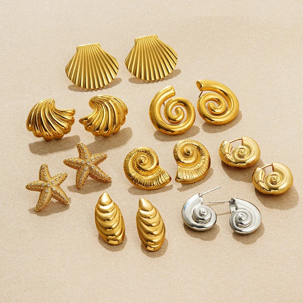 Vintage Gold Snail Shell Drop Earrings | CZ Zircon Beach Jewelry for Women