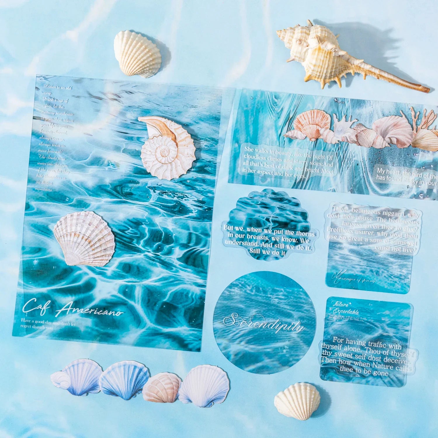 25 Sheets Blue Ocean Theme Dual Texture Sticker Pack | Scrapbook and Journal Decor Set