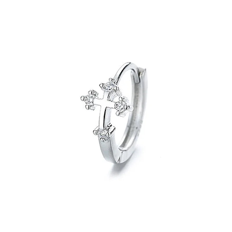 Silver Cross Hoop Earrings for Men and Women | Unisex CZ Crystal Punk Earrings