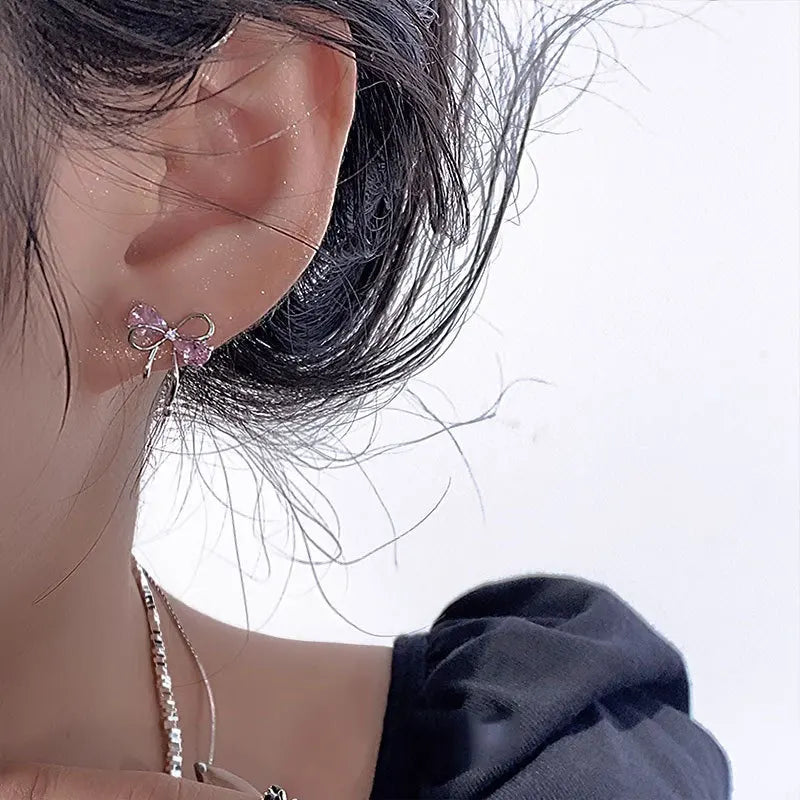 925 Sterling Silver Bow Pink Zircon Stud Earrings | Women's Wedding Fine Jewelry