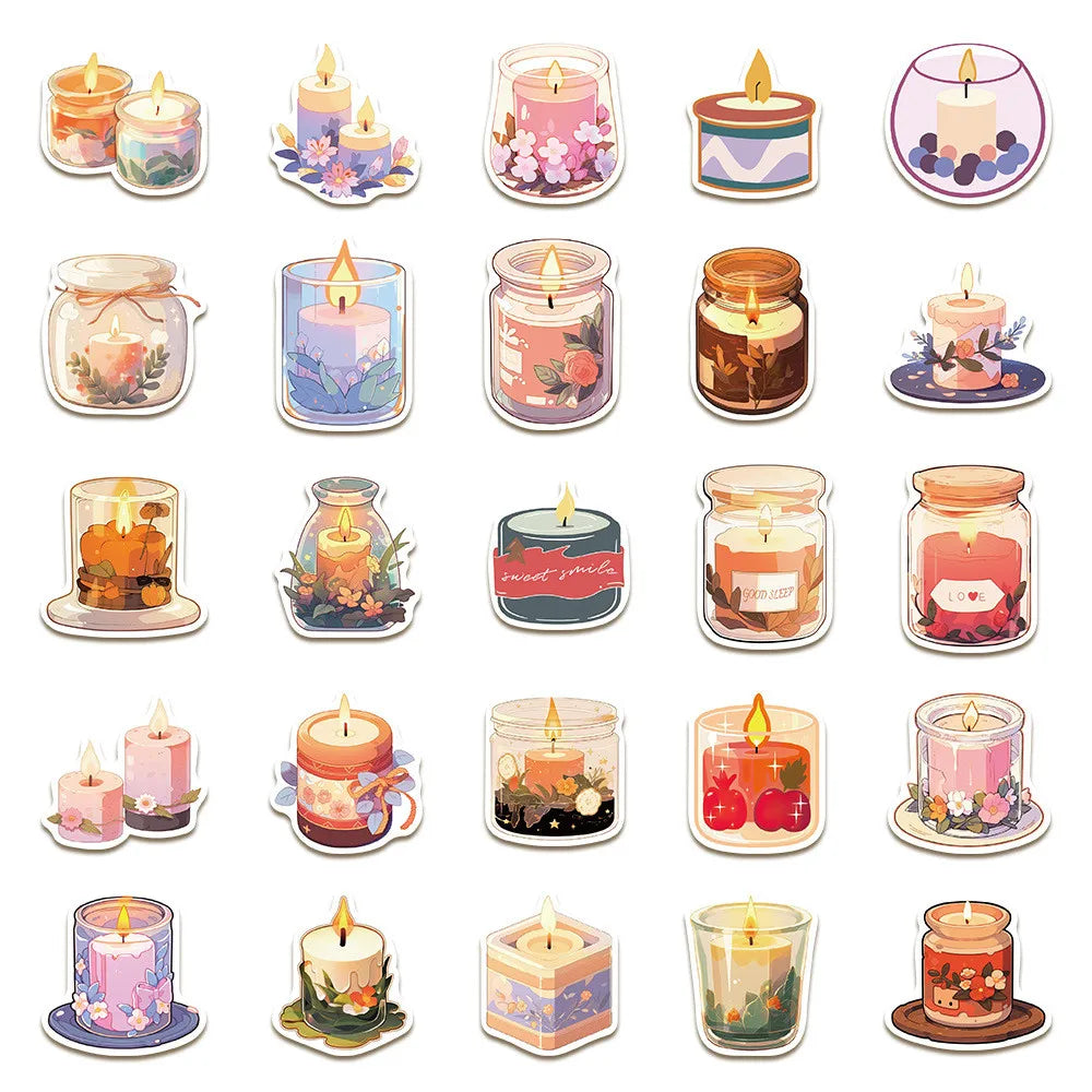 50-Piece Cozy Scented Candle Stickers | Waterproof Decals for Laptops, Notebooks, and Water Bottles