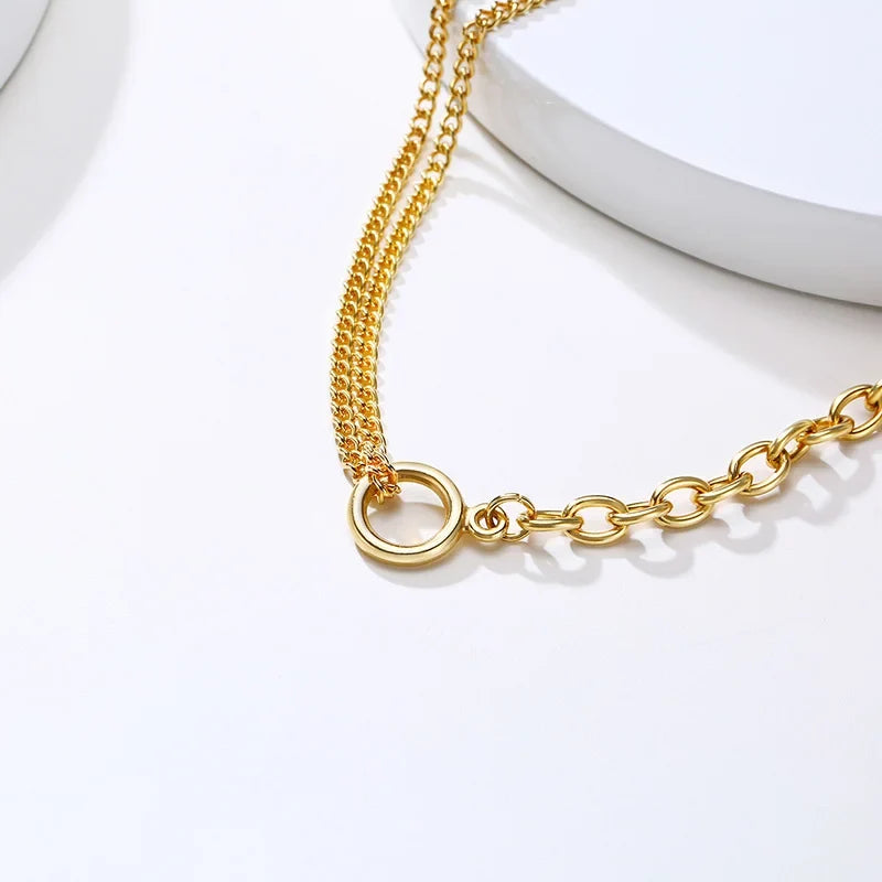 Oval Cable Link With Double Cuban Chain Necklace | Stainless Steel Fashion Open Circle Pendant