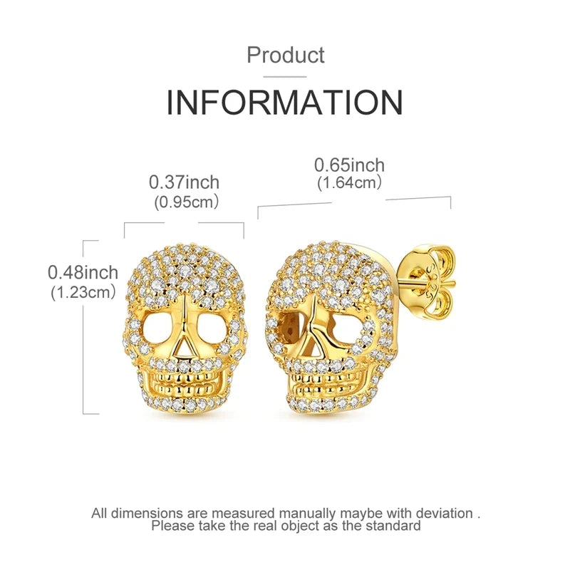 925 Sterling Silver Skull Stud Earrings | Shiny Gold Finish for Women