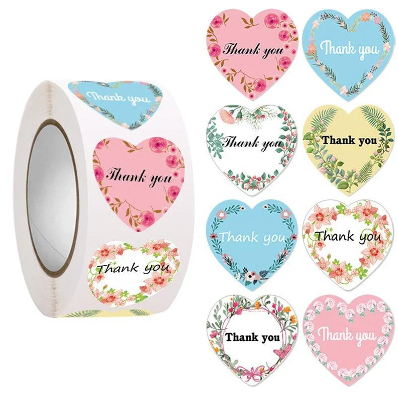 Heart Thank You Stickers | Floral Decorative Sealing Stickers for Wedding Gift Packaging and Small Business Supplies