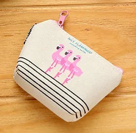 Korean Square Flamingo Coin Money Pouch | Small Canvas Zipper Wallet for Students
