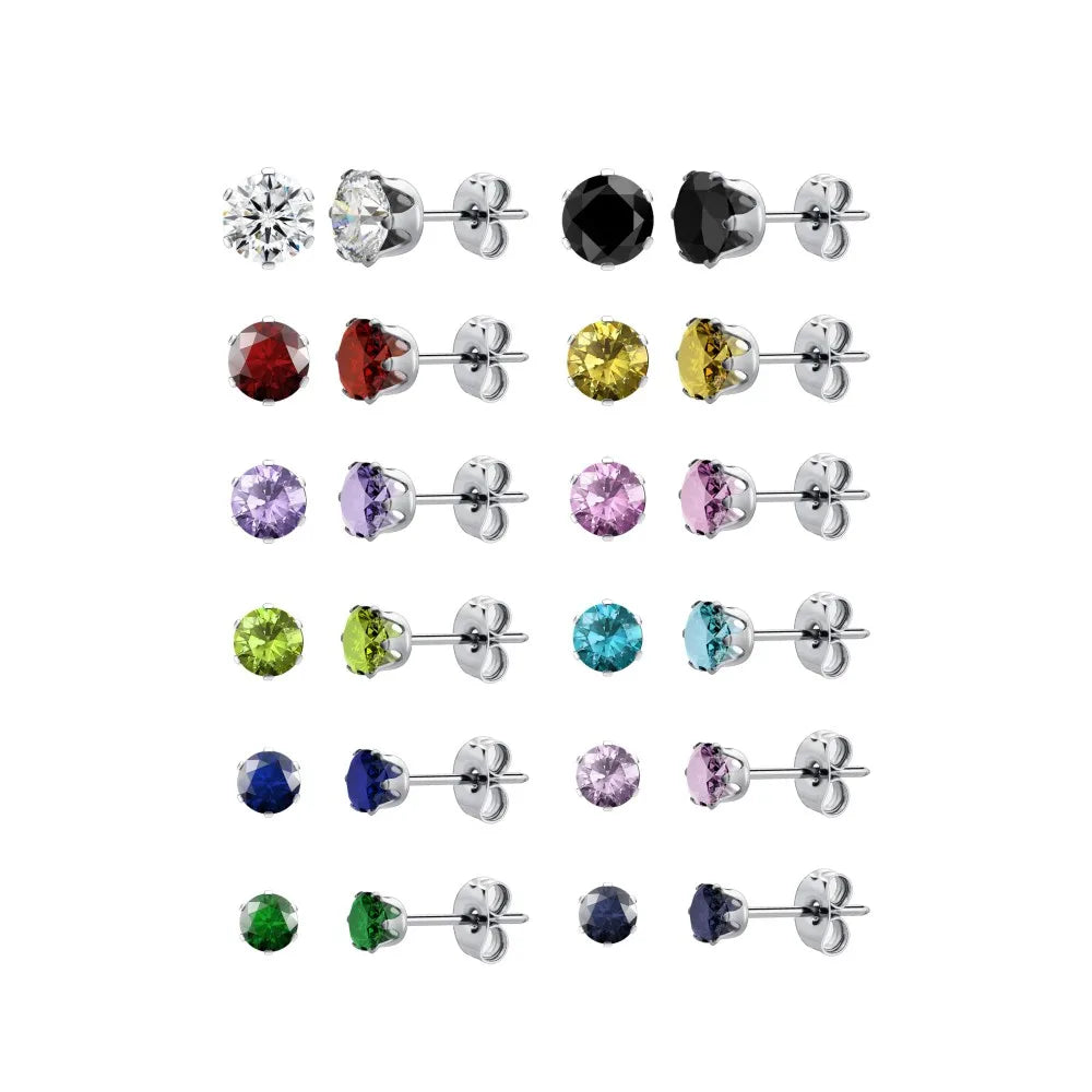 Stainless Steel Cubic Zirconia Stud Earrings Set | 12 Color Hypoallergenic Earrings for Sensitive Skin
