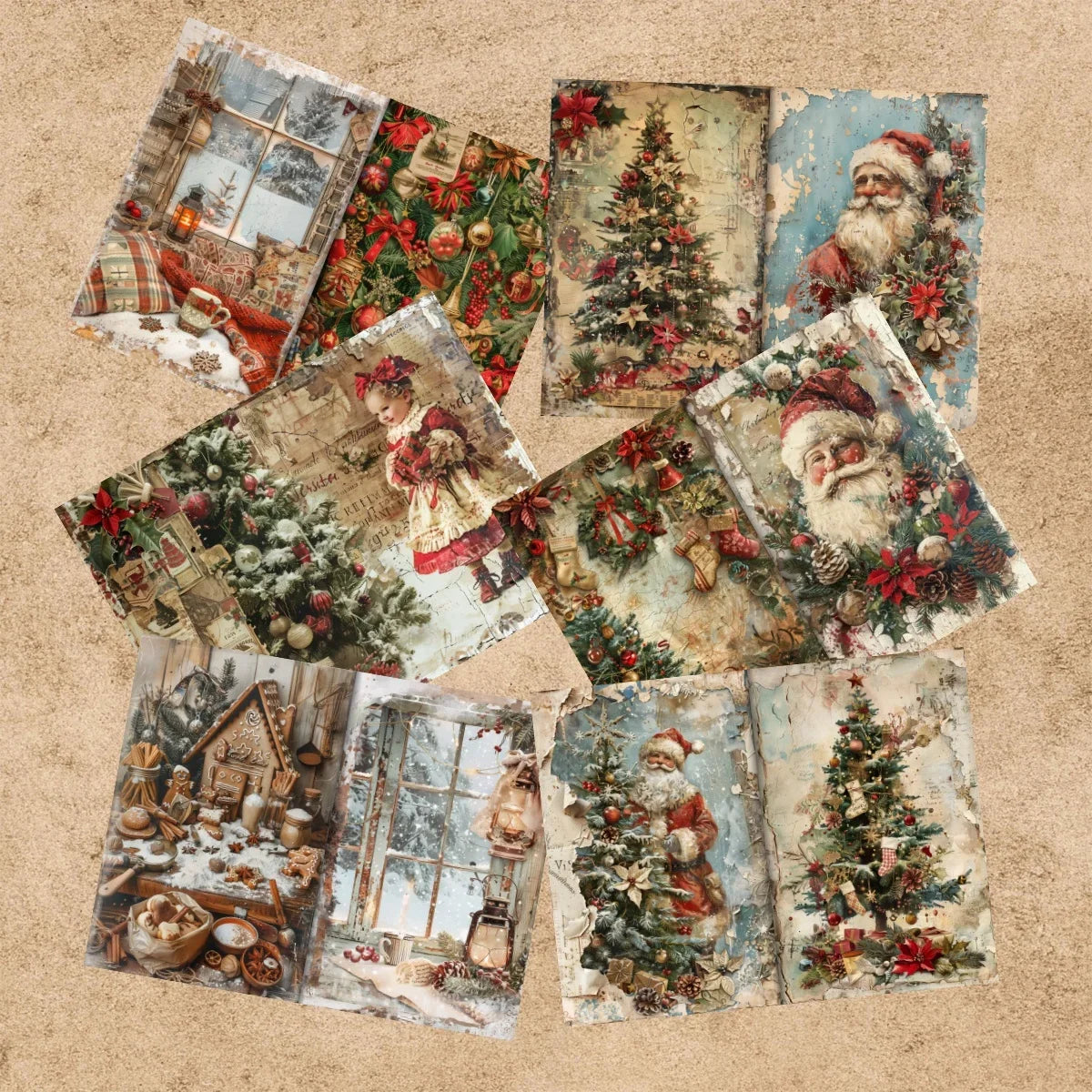 9 Sheets A5 Christmas Retro Santa Girl Vintage Grunge Paper Pack | Scrapbooking Journal Planner