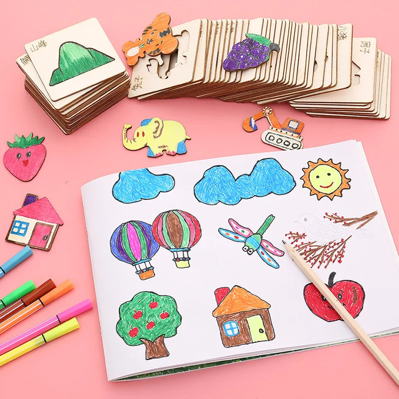 20pcs Montessori Kids Drawing Toys Wooden DIY Painting Stencils Set | Educational Craft Toy for Children