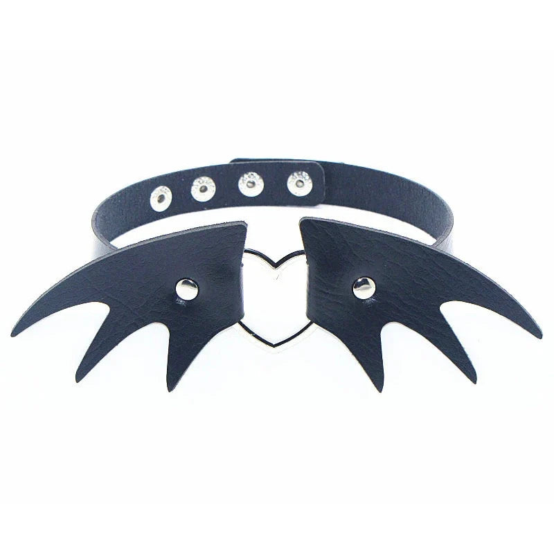 Gothic Bat Heart Lock Punk Choker | Black Leather Collar Necklace