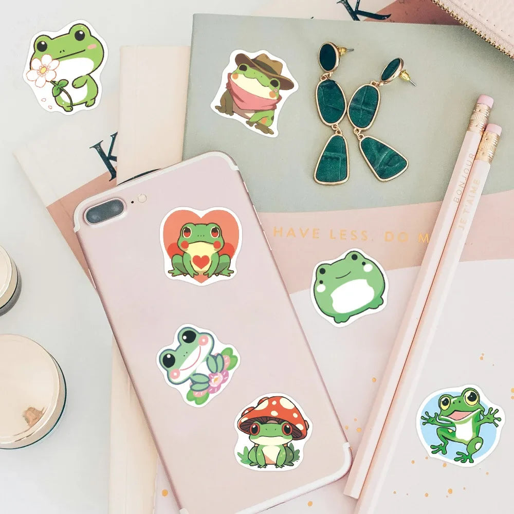 100-500pcs Cute Traveling Frog Cartoon Stickers | DIY Waterproof Decor for Laptops, Guitars, and More