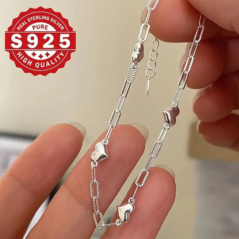 925 Sterling Silver Bracelet | Adjustable Love Heart Charm Jewelry for Women