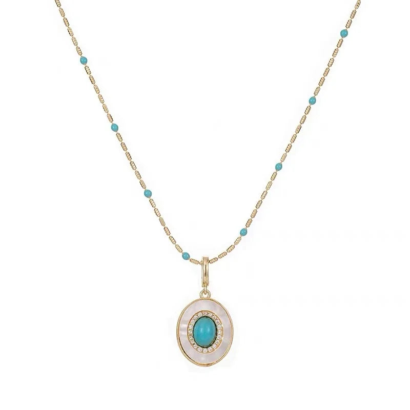 Natural Turquoise Oval Shell Pendant Necklace | Gold Chain Collarbone Jewelry